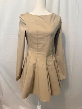 NWT PrettyLittleThibg Classic Long-Sleeve Fit-and-Flare Dress in Tan